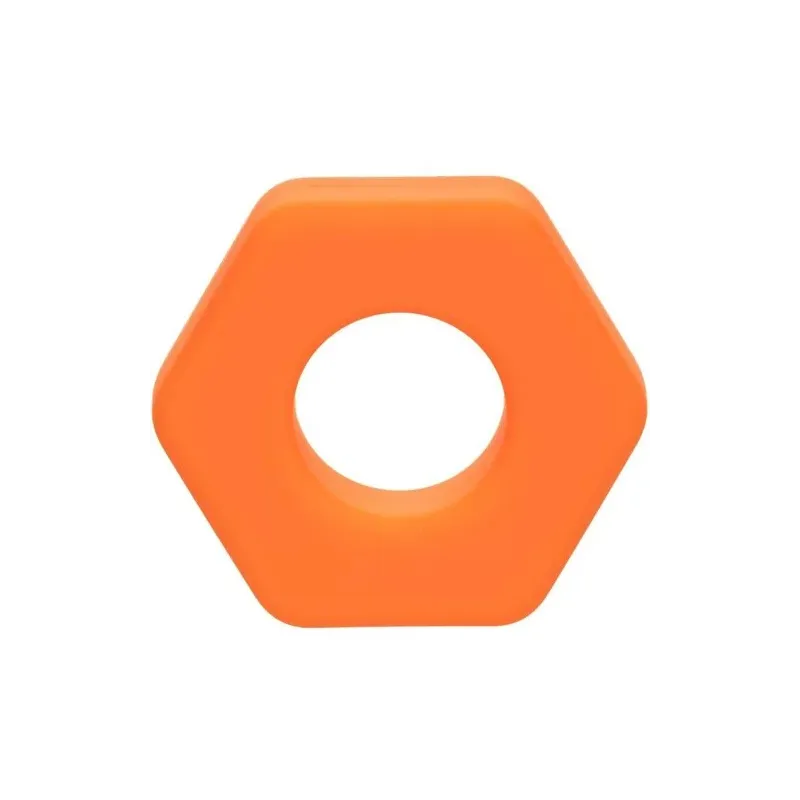 Anillo para pene de silicona naranja CalExotics, forma sexágono, vista frontal sobre fondo blanco" } }, { "id_image": 9200, "leg