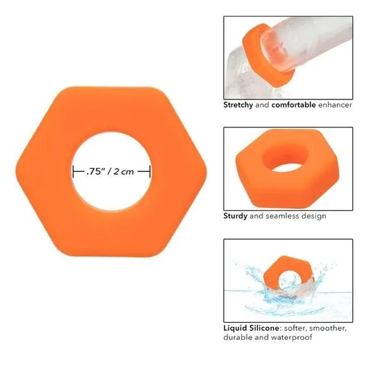 Anello penieno in silicone arancione CalExotics, forma sexagon, vista frontale su sfondo bianco
