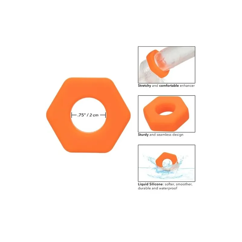 Anneau prolongateur en silicone orange CalExotics, forme sexagon, vu de face sur fond blanc