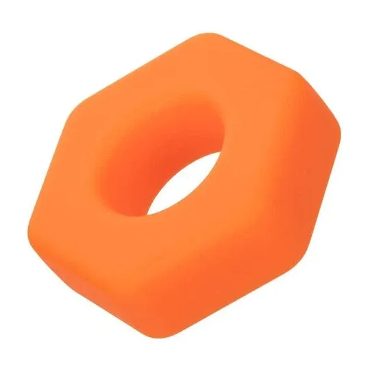 Orange silicone cock ring from CalExotics, Sexagon shape, front view on white background