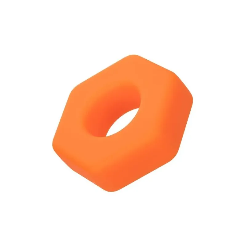 Anillo para pene de silicona naranja CalExotics, forma sexágono, vista frontal sobre fondo blanco" } }, { "id_image": 9200, "leg