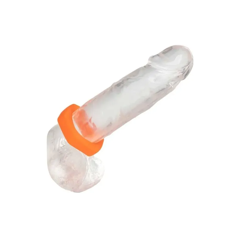 Orange silicone cock ring from CalExotics, Sexagon shape, front view on white background
