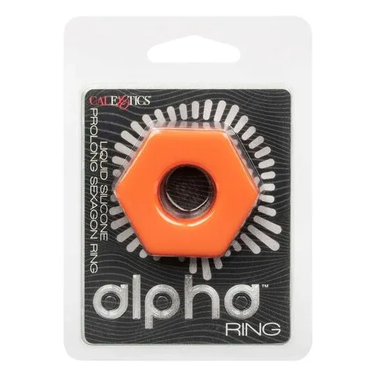 Orange silicone cock ring from CalExotics, Sexagon shape, front view on white background