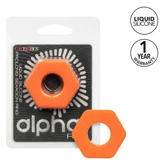 Anello penieno in silicone arancione CalExotics, forma sexagon, vista frontale su sfondo bianco
