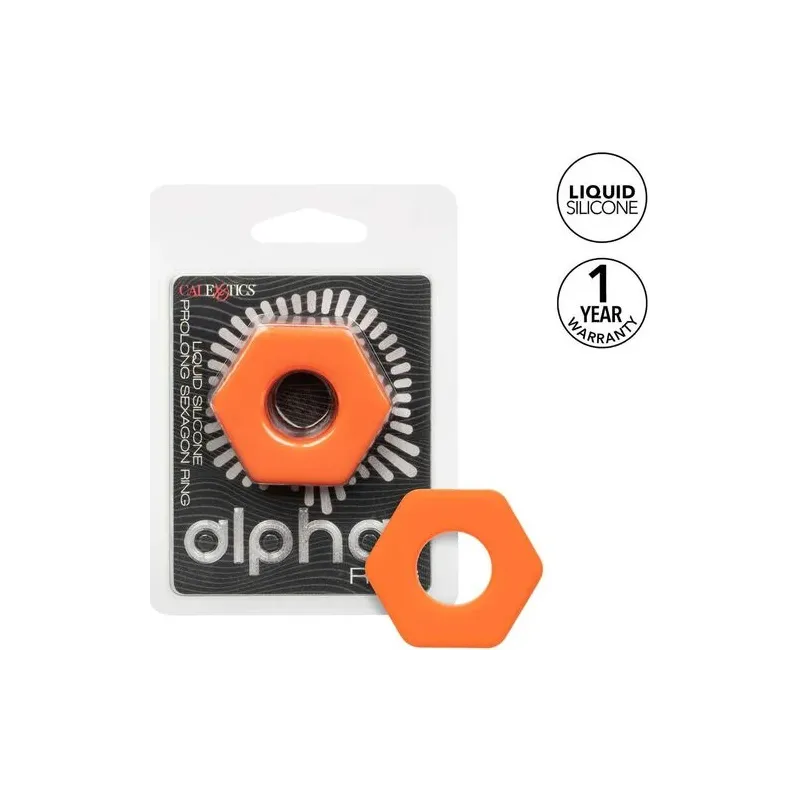 Orange silicone cock ring from CalExotics, Sexagon shape, front view on white background