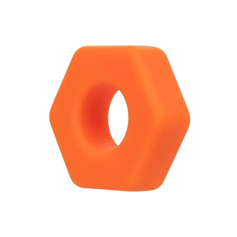 Anello penieno in silicone arancione CalExotics, forma sexagon, vista frontale su sfondo bianco