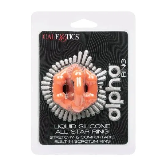 Oranger CalExotics Alpha All Star Penisring aus flüssigem Silikon mit Doppelring und Perlen.