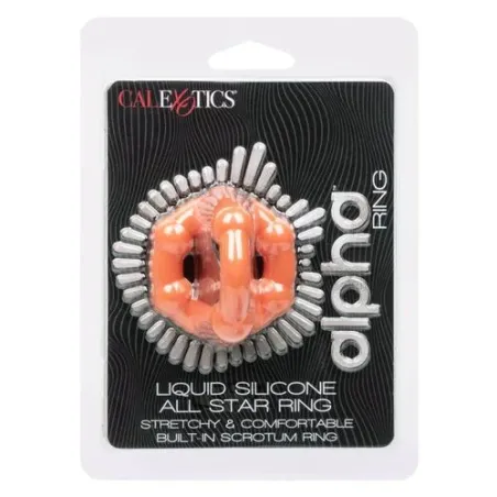 Oranger CalExotics Alpha All Star Penisring aus flüssigem Silikon mit Doppelring und Perlen.