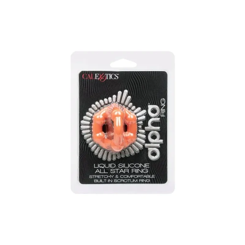 Oranger CalExotics Alpha All Star Penisring aus flüssigem Silikon mit Doppelring und Perlen.