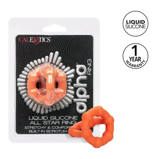 Oranger CalExotics Alpha All Star Penisring aus flüssigem Silikon mit Doppelring und Perlen.