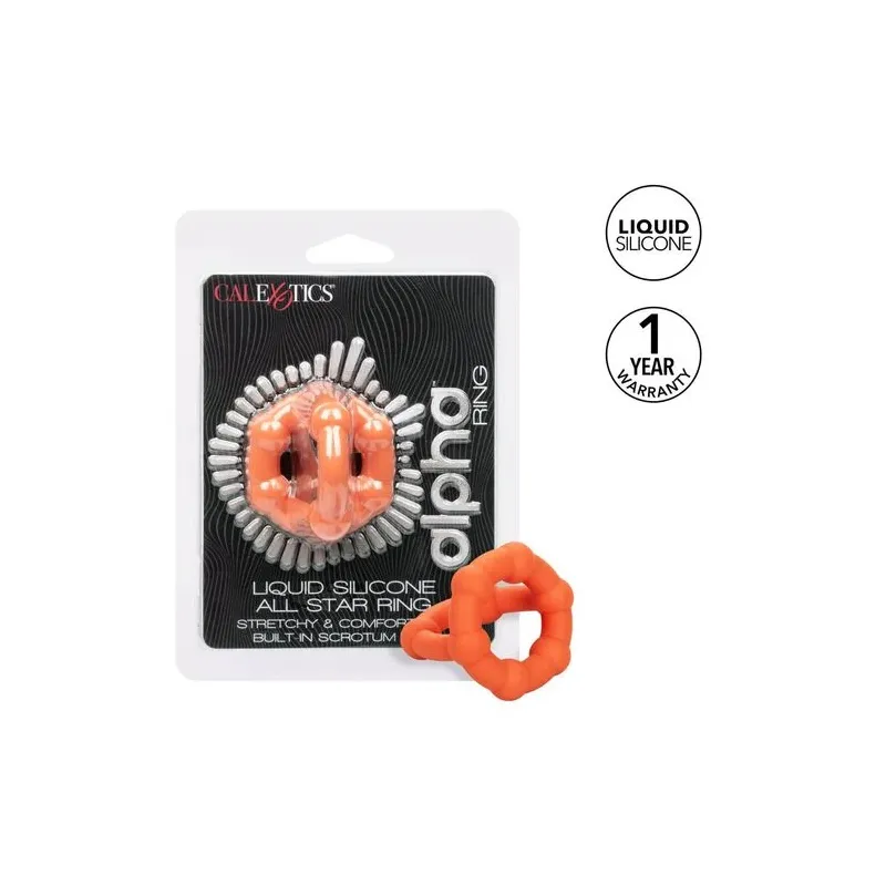 Oranger CalExotics Alpha All Star Penisring aus flüssigem Silikon mit Doppelring und Perlen.