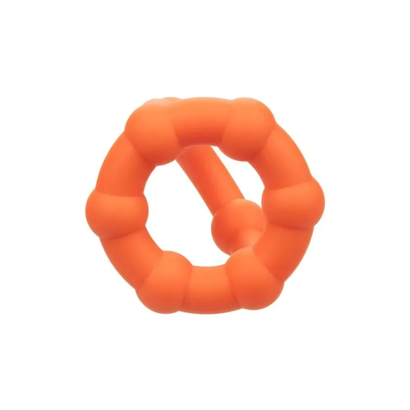 Oranger CalExotics Alpha All Star Penisring aus flüssigem Silikon mit Doppelring und Perlen.