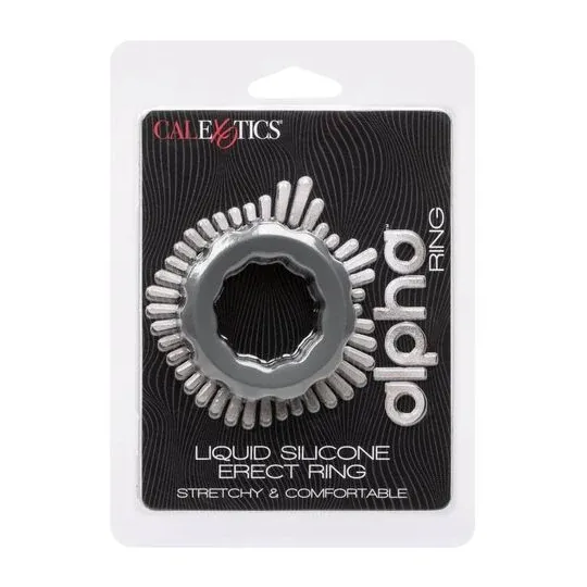 Anillo para pene gris CalExotics de silicona líquida con perlas integradas." }, { "fr": "Bague Alpha Erect CalExotics grise en s