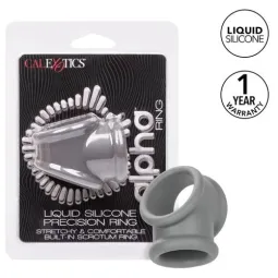Bague Alpha Precision CalExotics grise en silicone liquide, double anneau pénien et scrotum, vue d'ensemble