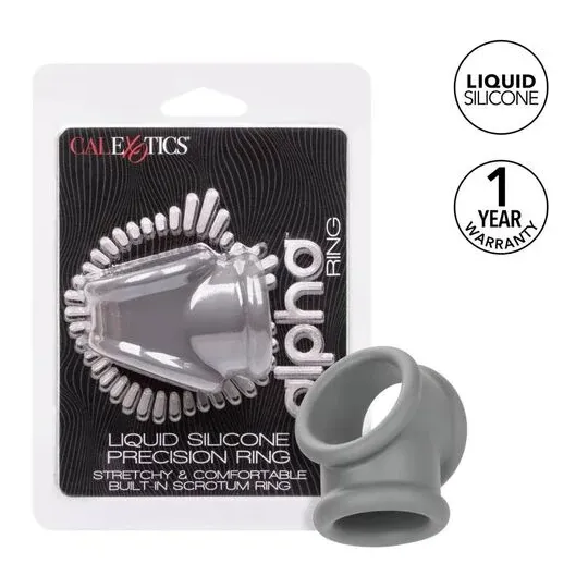 Bague Alpha Precision CalExotics grise en silicone liquide, double anneau pénien et scrotum, vue d'ensemble