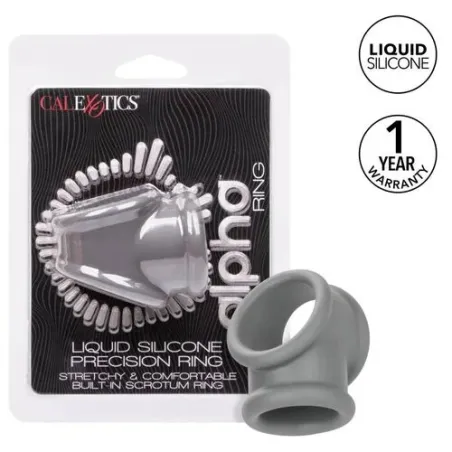Bague Alpha Precision CalExotics grise en silicone liquide, double anneau pénien et scrotum, vue d'ensemble