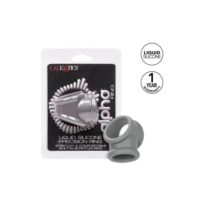 Bague Alpha Precision CalExotics grise en silicone liquide, double anneau pénien et scrotum, vue d'ensemble