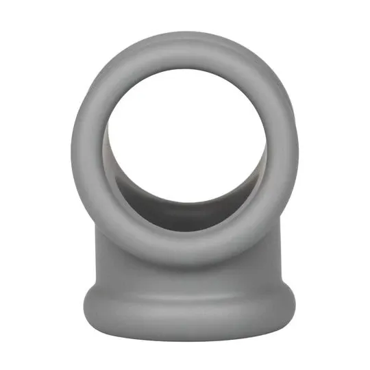 Bague Alpha Precision CalExotics grise en silicone liquide, double anneau pénien et scrotum, vue d'ensemble