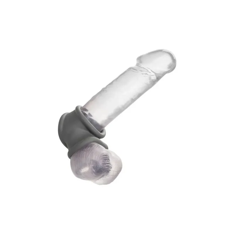 Erektionsring Alpha Precision CalExotics grau, flüssiges Silikon, Doppelring für Penis und Skrotum, Gesamtansicht