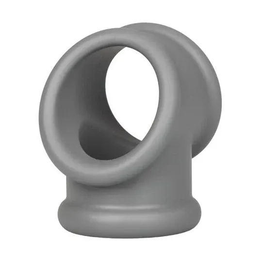 Bague Alpha Precision CalExotics grise en silicone liquide, double anneau pénien et scrotum, vue d'ensemble