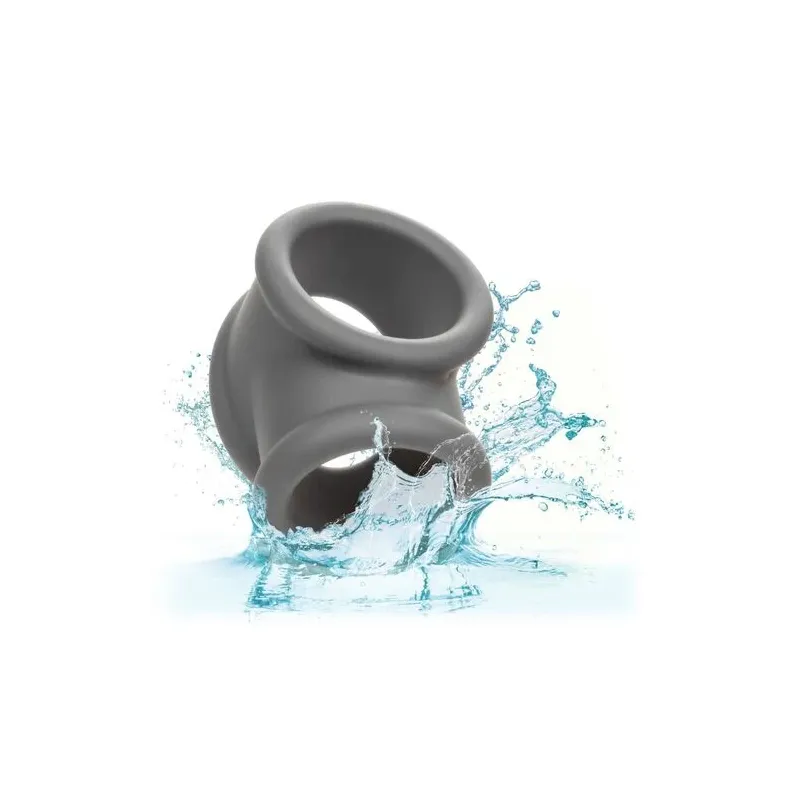 Bague Alpha Precision CalExotics grise en silicone liquide, double anneau pénien et scrotum, vue d'ensemble