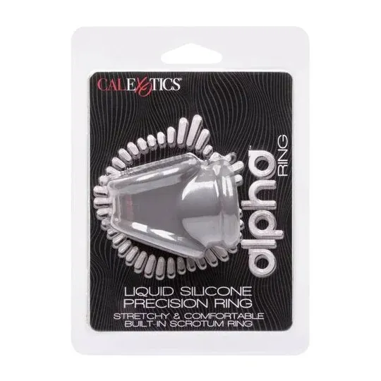 CalExotics Alpha Precision cock ring gray liquid silicone, double ring for penis and scrotum, overview