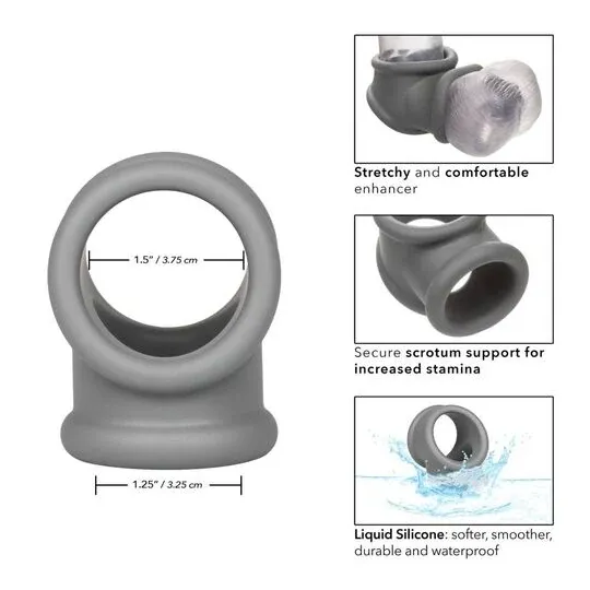Anillo de erección Alpha Precision CalExotics gris, silicona líquida, doble anillo para pene y escroto, vista general" } }, { "i