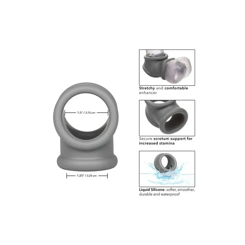 CalExotics Alpha Precision cock ring gray liquid silicone, double ring for penis and scrotum, overview
