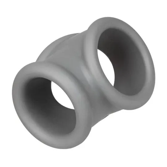 Anello per erezione Alpha Precision CalExotics grigio, silicone liquido, doppio anello per pene e scroto, vista d'insieme