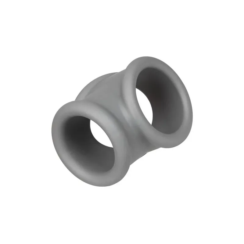 Bague Alpha Precision CalExotics grise en silicone liquide, double anneau pénien et scrotum, vue d'ensemble