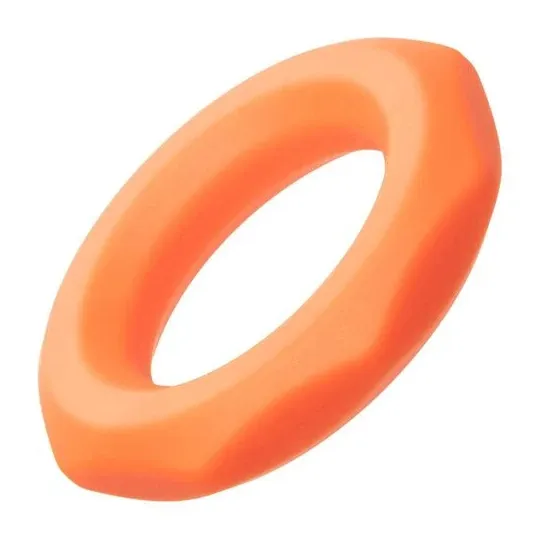 Anneau pénien CalExotics Alpha Sexagon en silicone orange, design hexagonal extensible, pour endurance et plaisir.