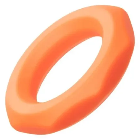 Anneau pénien CalExotics Alpha Sexagon en silicone orange, design hexagonal extensible, pour endurance et plaisir.