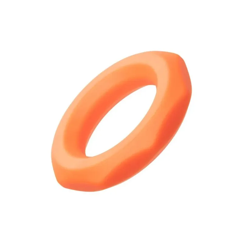 Anneau pénien CalExotics Alpha Sexagon en silicone orange, design hexagonal extensible, pour endurance et plaisir.