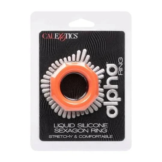 Anneau pénien CalExotics Alpha Sexagon en silicone orange, design hexagonal extensible, pour endurance et plaisir.