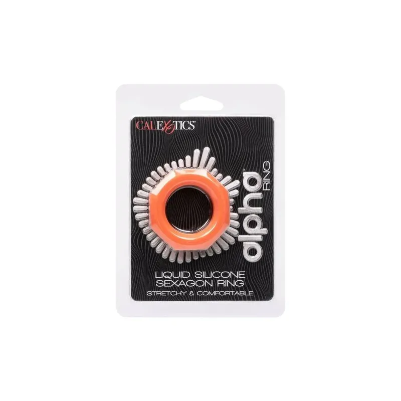 Anneau pénien CalExotics Alpha Sexagon en silicone orange, design hexagonal extensible, pour endurance et plaisir.