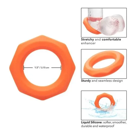 Anneau pénien CalExotics Alpha Sexagon en silicone orange, design hexagonal extensible, pour endurance et plaisir.