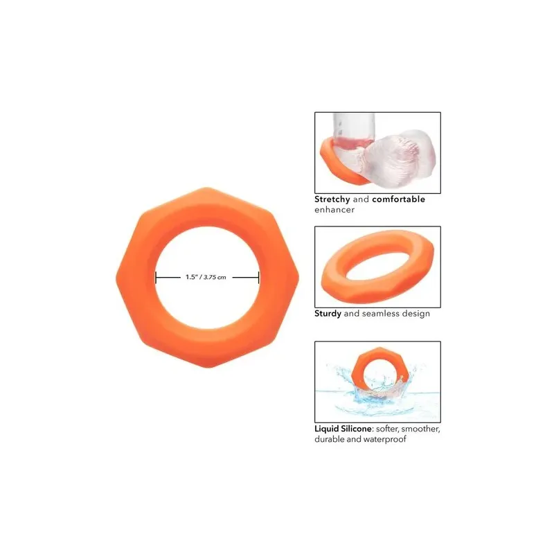 Anneau pénien CalExotics Alpha Sexagon en silicone orange, design hexagonal extensible, pour endurance et plaisir.