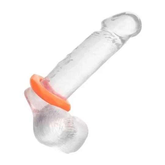 Anneau pénien CalExotics Alpha Sexagon en silicone orange, design hexagonal extensible, pour endurance et plaisir.