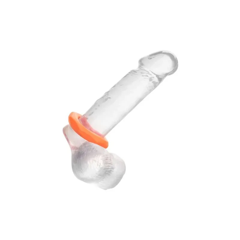 Anneau pénien CalExotics Alpha Sexagon en silicone orange, design hexagonal extensible, pour endurance et plaisir.