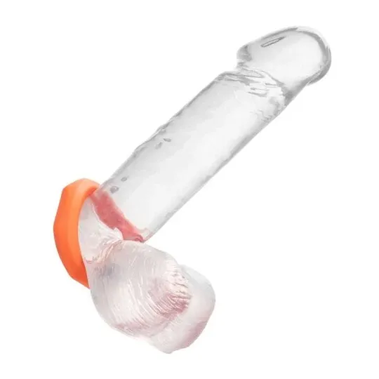 Anneau pénien CalExotics Alpha Sexagon en silicone orange, design hexagonal extensible, pour endurance et plaisir.