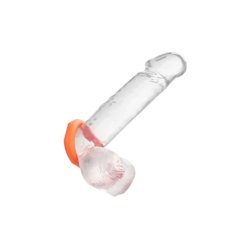 Anneau pénien CalExotics Alpha Sexagon en silicone orange, design hexagonal extensible, pour endurance et plaisir.