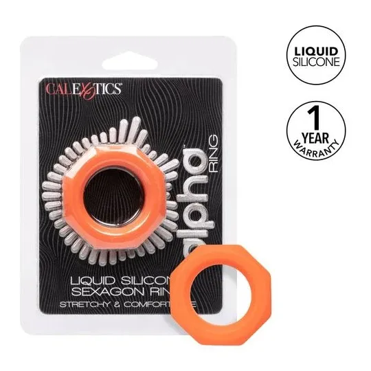 Anneau pénien CalExotics Alpha Sexagon en silicone orange, design hexagonal extensible, pour endurance et plaisir.