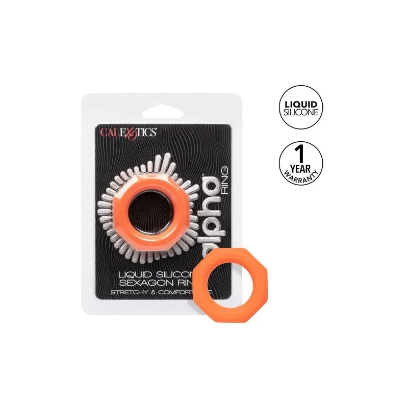 Anneau pénien CalExotics Alpha Sexagon en silicone orange, design hexagonal extensible, pour endurance et plaisir.