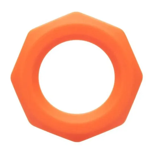 Anneau pénien CalExotics Alpha Sexagon en silicone orange, design hexagonal extensible, pour endurance et plaisir.