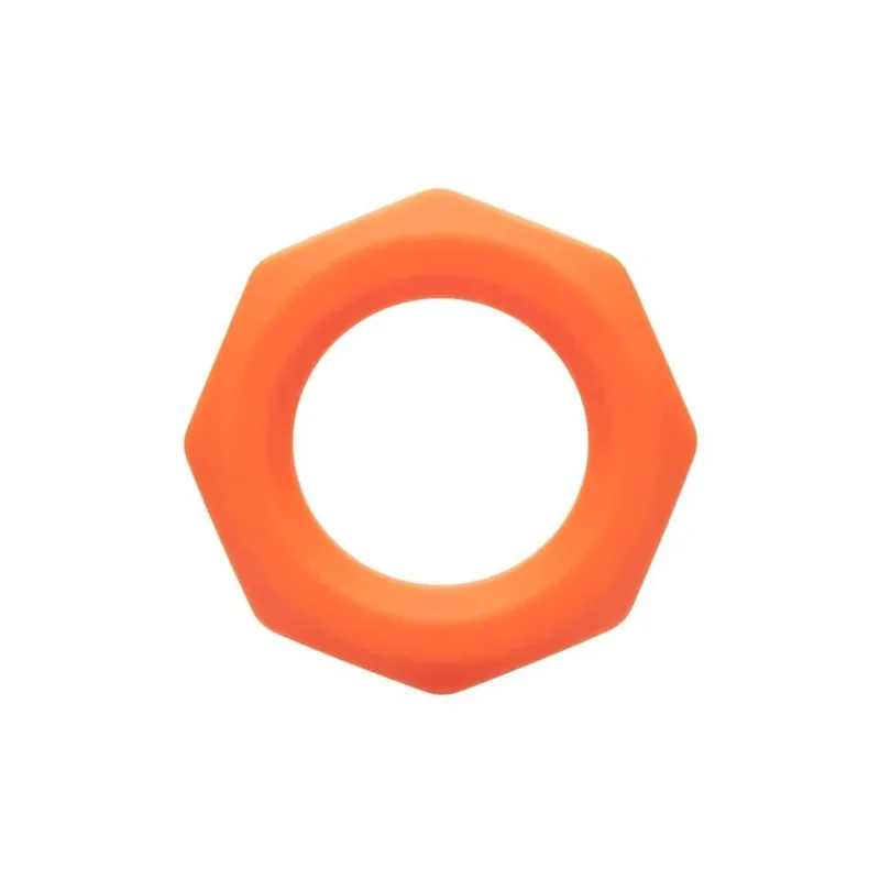 Anneau pénien CalExotics Alpha Sexagon en silicone orange, design hexagonal extensible, pour endurance et plaisir.