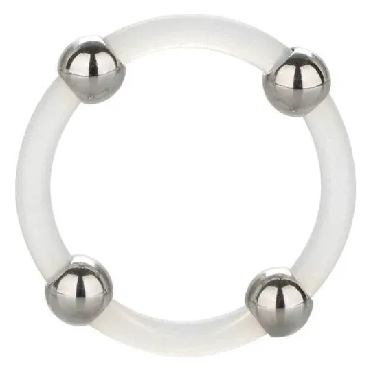 Bague en silicone perlée acier L Calexotics : anneau pénien noir avec perles d'acier inoxydable pour stimulation