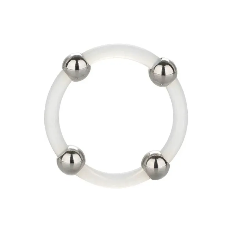 Bague en silicone perlée acier L Calexotics : anneau pénien noir avec perles d'acier inoxydable pour stimulation