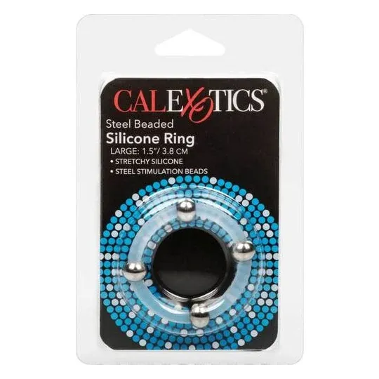 Bague en silicone perlée acier L Calexotics : anneau pénien noir avec perles d'acier inoxydable pour stimulation