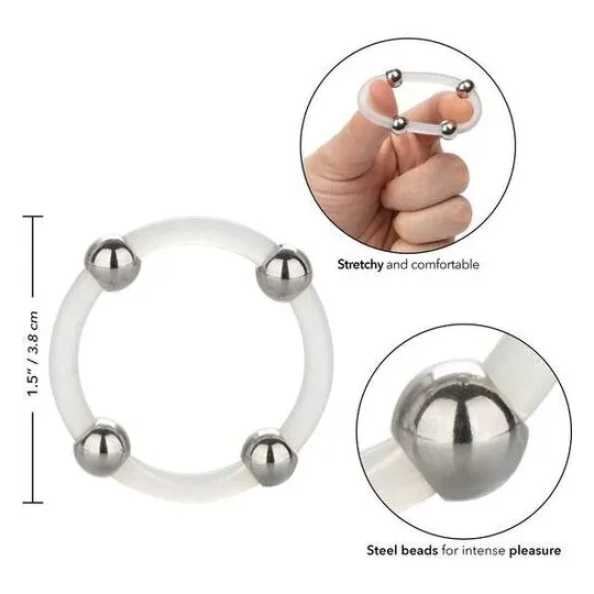 Bague en silicone perlée acier L Calexotics : anneau pénien noir avec perles d'acier inoxydable pour stimulation