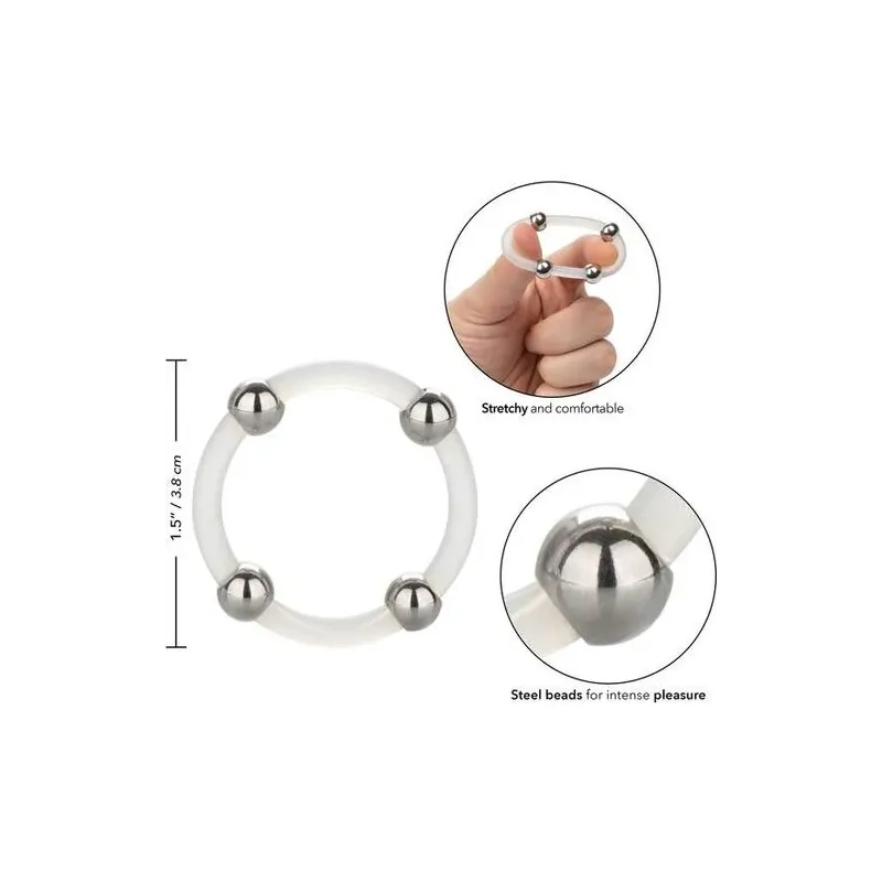 Bague en silicone perlée acier L Calexotics : anneau pénien noir avec perles d'acier inoxydable pour stimulation